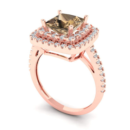 2.07 cttw Zirconia Simulated Champagne Diamond Hidden Halo Engagement Ring - Solid Rose Gold (VVS1, Princess Cut,6.5mm)