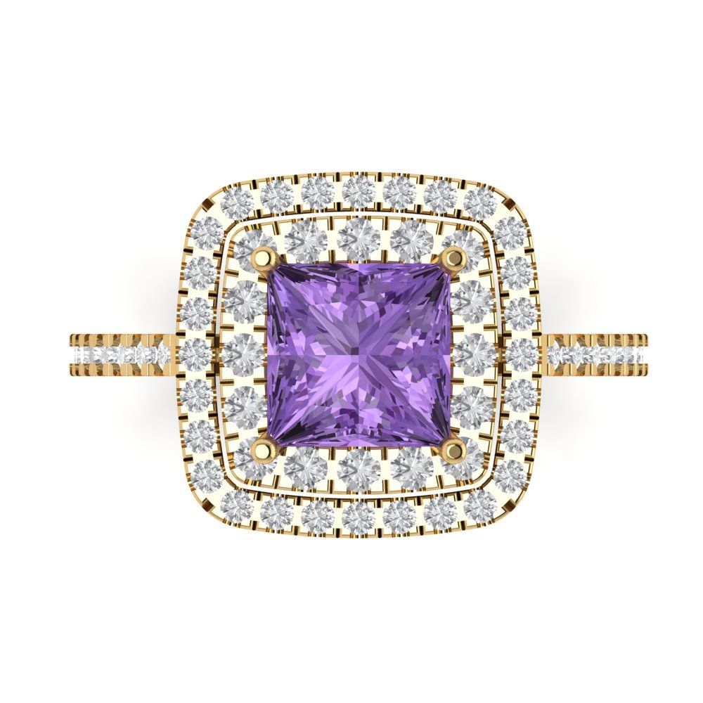 2.07 cttw Simulated Alexandrite Hidden Halo Engagement Ring - Solid Yellow Gold (VVS1, Princess Cut,6.5mm)