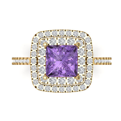 2.07 cttw Simulated Alexandrite Hidden Halo Engagement Ring - Solid Yellow Gold (VVS1, Princess Cut,6.5mm)
