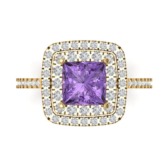 2.07 cttw Simulated Alexandrite Hidden Halo Engagement Ring - Solid Yellow Gold (VVS1, Princess Cut,6.5mm)