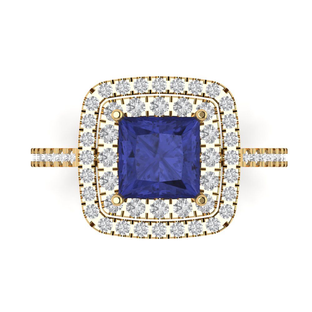 2.07 cttw Simulated Tanzanite Hidden Halo Engagement Ring - Solid Yellow Gold (VVS1, Princess Cut,6.5mm)