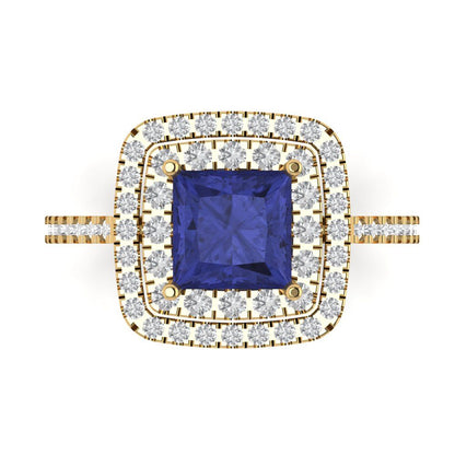 2.07 cttw Simulated Tanzanite Hidden Halo Engagement Ring - Solid Yellow Gold (VVS1, Princess Cut,6.5mm)