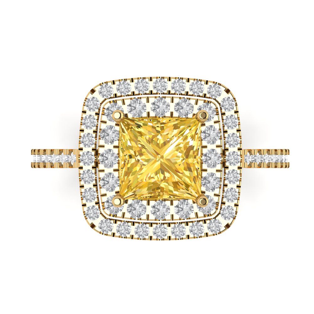 2.07 cttw Zirconia Simulated Yellow Diamond Hidden Halo Engagement Ring - Solid Yellow Gold (VVS1, Princess Cut,6.5mm)