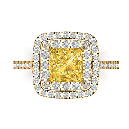 2.07 cttw Zirconia Simulated Yellow Diamond Hidden Halo Engagement Ring - Solid Yellow Gold (VVS1, Princess Cut,6.5mm)
