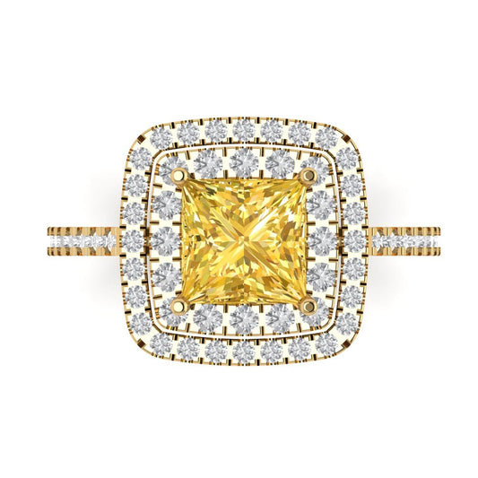 2.07 cttw Zirconia Simulated Yellow Diamond Hidden Halo Engagement Ring - Solid Yellow Gold (VVS1, Princess Cut,6.5mm)