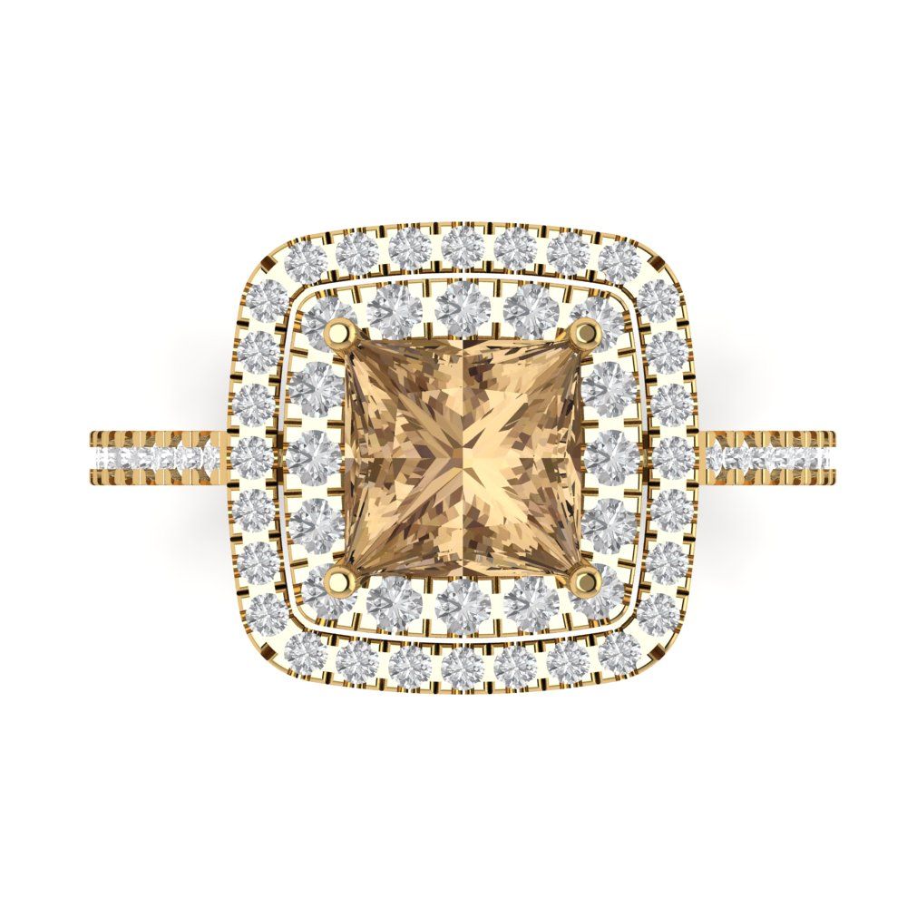 2.07 cttw Zirconia Simulated Champagne Diamond Hidden Halo Engagement Ring - Solid Yellow Gold (VVS1, Princess Cut,6.5mm)