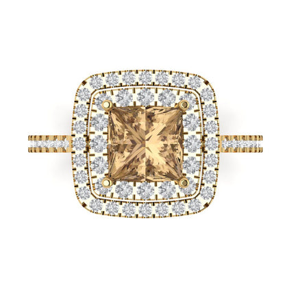 2.07 cttw Zirconia Simulated Champagne Diamond Hidden Halo Engagement Ring - Solid Yellow Gold (VVS1, Princess Cut,6.5mm)