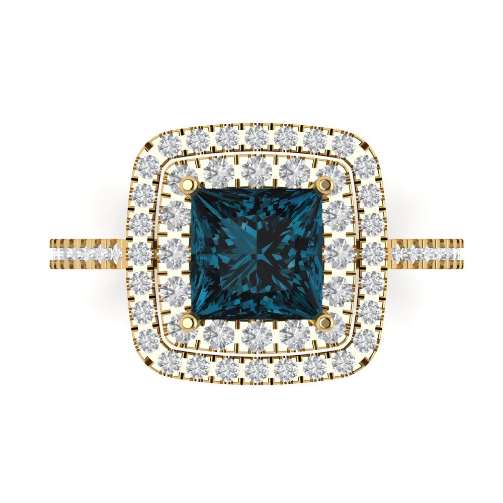 2.07 cttw Natural London Blue Topaz Hidden Halo Engagement Ring - Solid Yellow Gold (VVS1, Princess Cut,6.5mm)