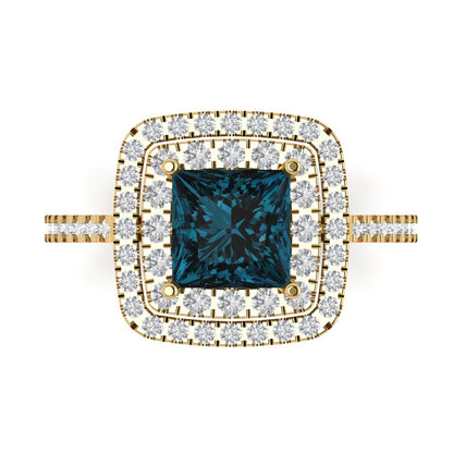 2.07 cttw Natural London Blue Topaz Hidden Halo Engagement Ring - Solid Yellow Gold (VVS1, Princess Cut,6.5mm)