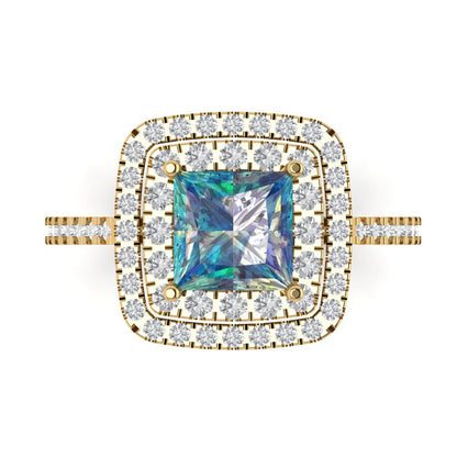 2.07 cttw Blue Moissanite Hidden Halo Engagement Ring - Solid Yellow Gold (VVS1, Princess Cut,6.5mm)