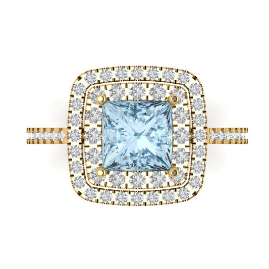 2.07 cttw Natural Aquamarine Hidden Halo Engagement Ring - Solid Yellow Gold (VVS1, Princess Cut,6.5mm)