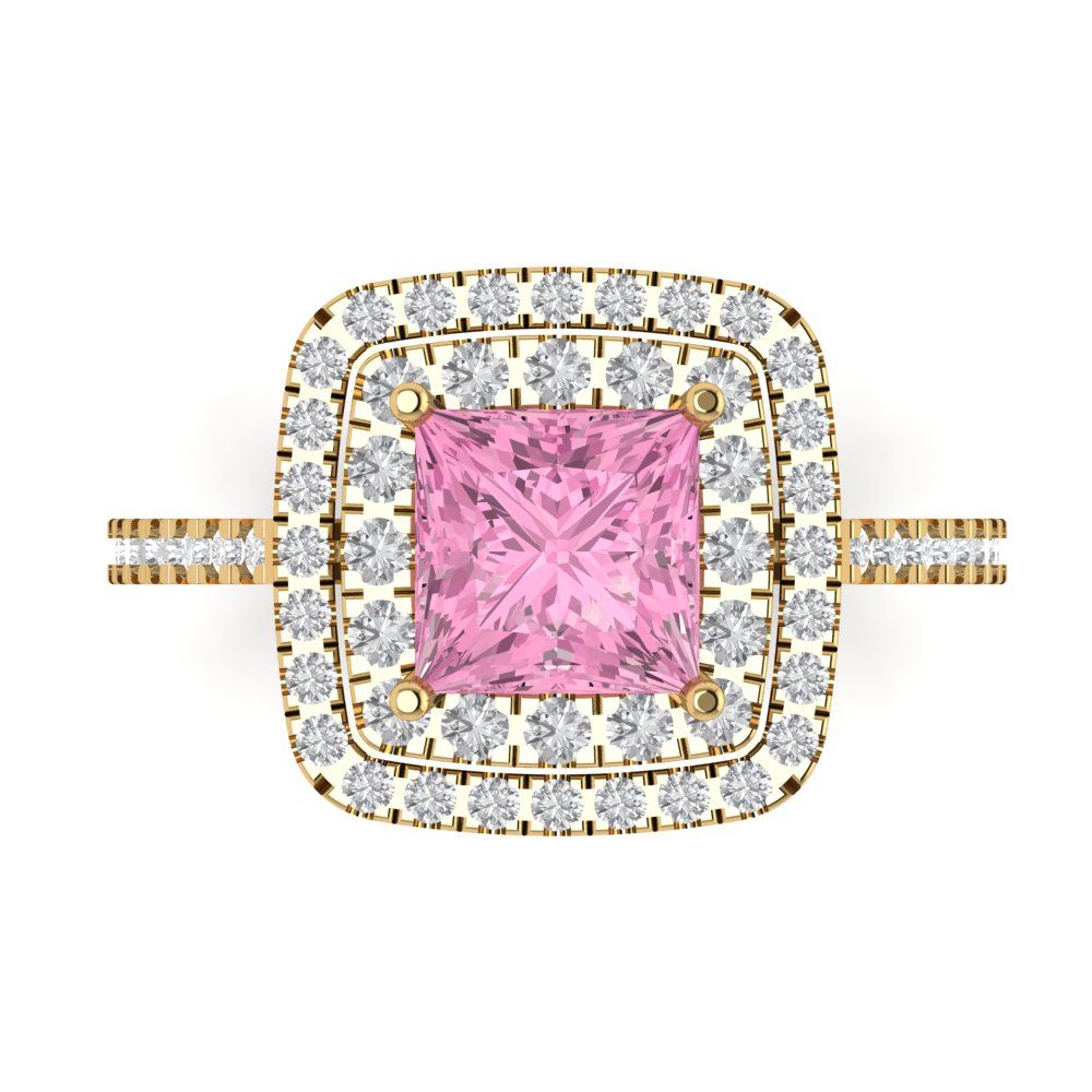 2.07 cttw Zirconia Simulated Pink Diamond Hidden Halo Engagement Ring - Solid Yellow Gold (VVS1, Princess Cut,6.5mm)