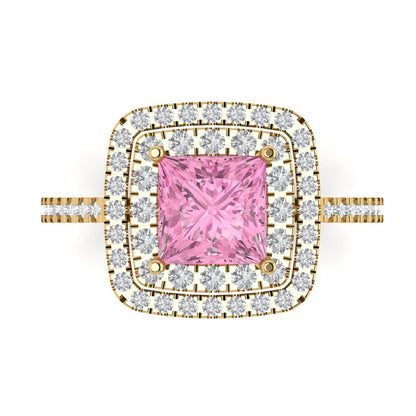 2.07 cttw Zirconia Simulated Pink Diamond Hidden Halo Engagement Ring - Solid Yellow Gold (VVS1, Princess Cut,6.5mm)