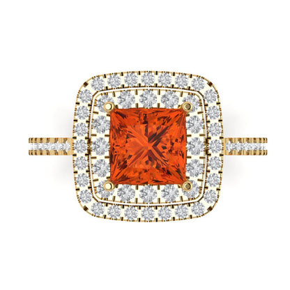 2.07 cttw Zirconia Simulated Red Diamond Hidden Halo Engagement Ring - Solid Yellow Gold (VVS1, Princess Cut,6.5mm)