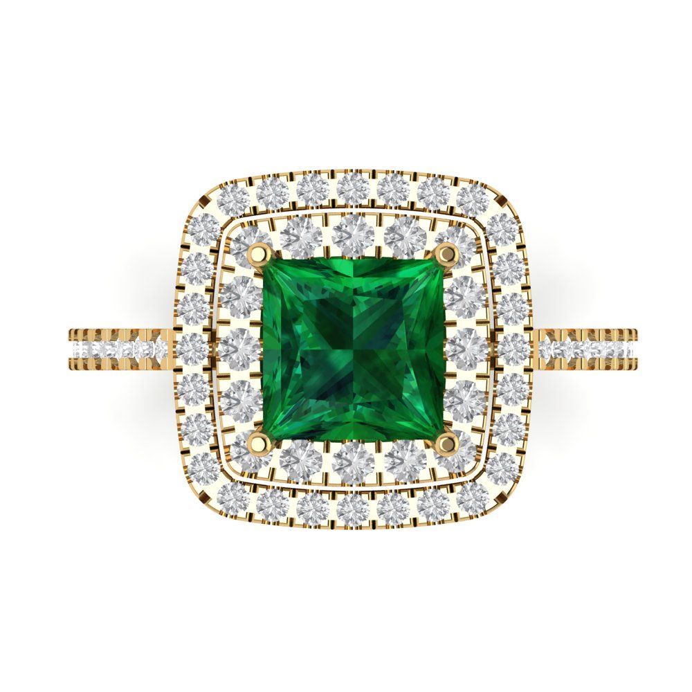 2.07 cttw Simulated Emerald Hidden Halo Engagement Ring - Solid Yellow Gold (VVS1, Princess Cut,6.5mm)