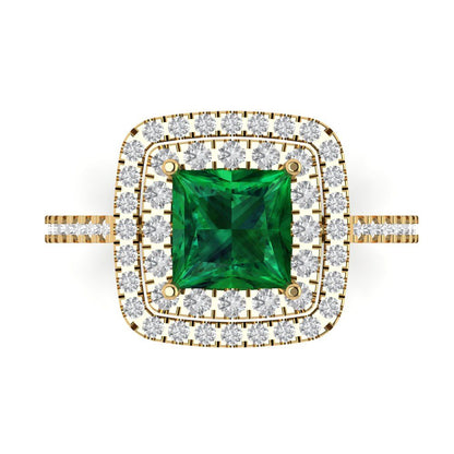 2.07 cttw Simulated Emerald Hidden Halo Engagement Ring - Solid Yellow Gold (VVS1, Princess Cut,6.5mm)