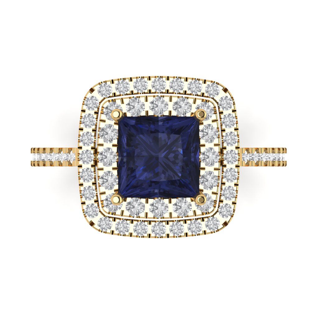 2.07 cttw Simulated Blue Sapphire Hidden Halo Engagement Ring - Solid Yellow Gold (VVS1, Princess Cut,6.5mm)