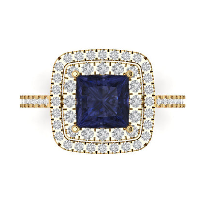 2.07 cttw Simulated Blue Sapphire Hidden Halo Engagement Ring - Solid Yellow Gold (VVS1, Princess Cut,6.5mm)