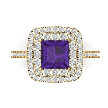 2.07 cttw Natural Amethyst Hidden Halo Engagement Ring - Solid Yellow Gold (VVS1, Princess Cut,6.5mm)