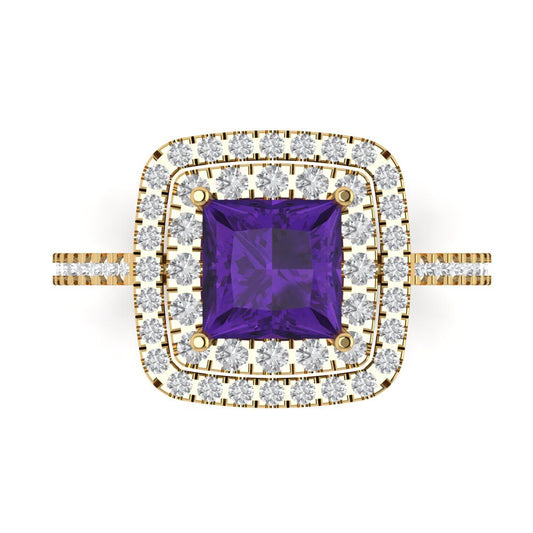 2.07 cttw Natural Amethyst Hidden Halo Engagement Ring - Solid Yellow Gold (VVS1, Princess Cut,6.5mm)