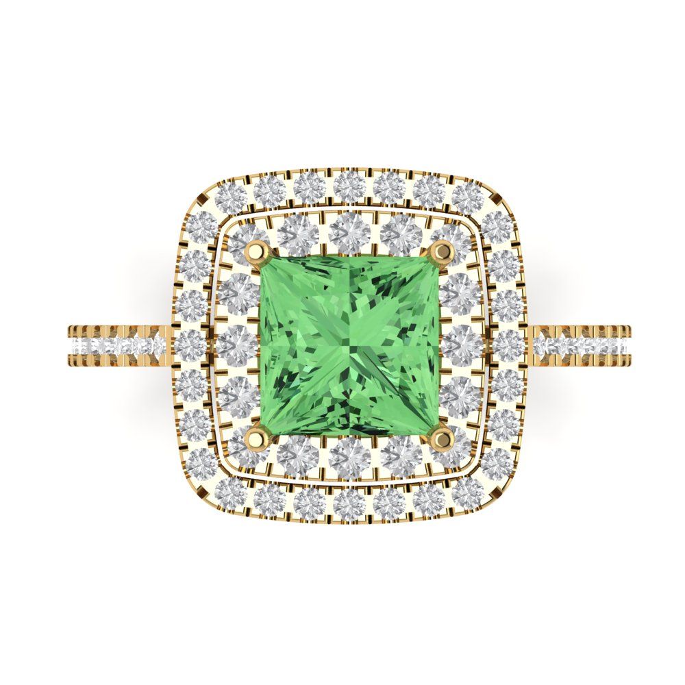 2.07 cttw Zirconia Simulated Green Diamond Hidden Halo Engagement Ring - Solid Yellow Gold (VVS1, Princess Cut,6.5mm)