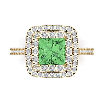 2.07 cttw Zirconia Simulated Green Diamond Hidden Halo Engagement Ring - Solid Yellow Gold (VVS1, Princess Cut,6.5mm)