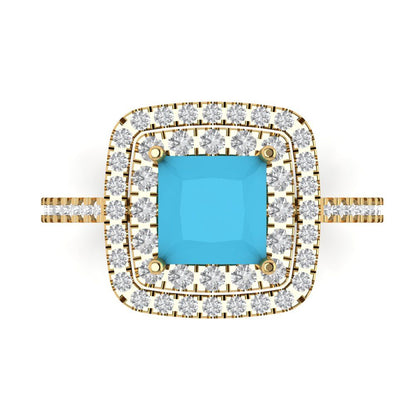 2.07 cttw Simulated Turquoise Hidden Halo Engagement Ring - Solid Yellow Gold (VVS1, Princess Cut,6.5mm)
