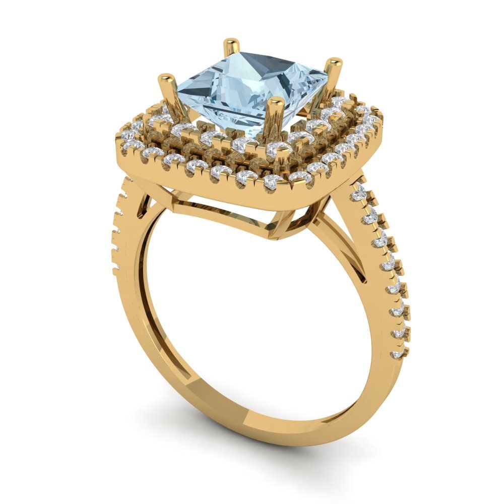 2.07 cttw Zirconia Simulated Blue Diamond Hidden Halo Engagement Ring - Solid Yellow Gold (VVS1, Princess Cut,6.5mm)