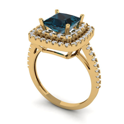 2.07 cttw Natural London Blue Topaz Hidden Halo Engagement Ring - Solid Yellow Gold (VVS1, Princess Cut,6.5mm)