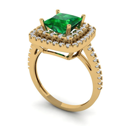 2.07 cttw Simulated Emerald Hidden Halo Engagement Ring - Solid Yellow Gold (VVS1, Princess Cut,6.5mm)