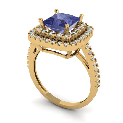 2.07 cttw Simulated Tanzanite Hidden Halo Engagement Ring - Solid Yellow Gold (VVS1, Princess Cut,6.5mm)