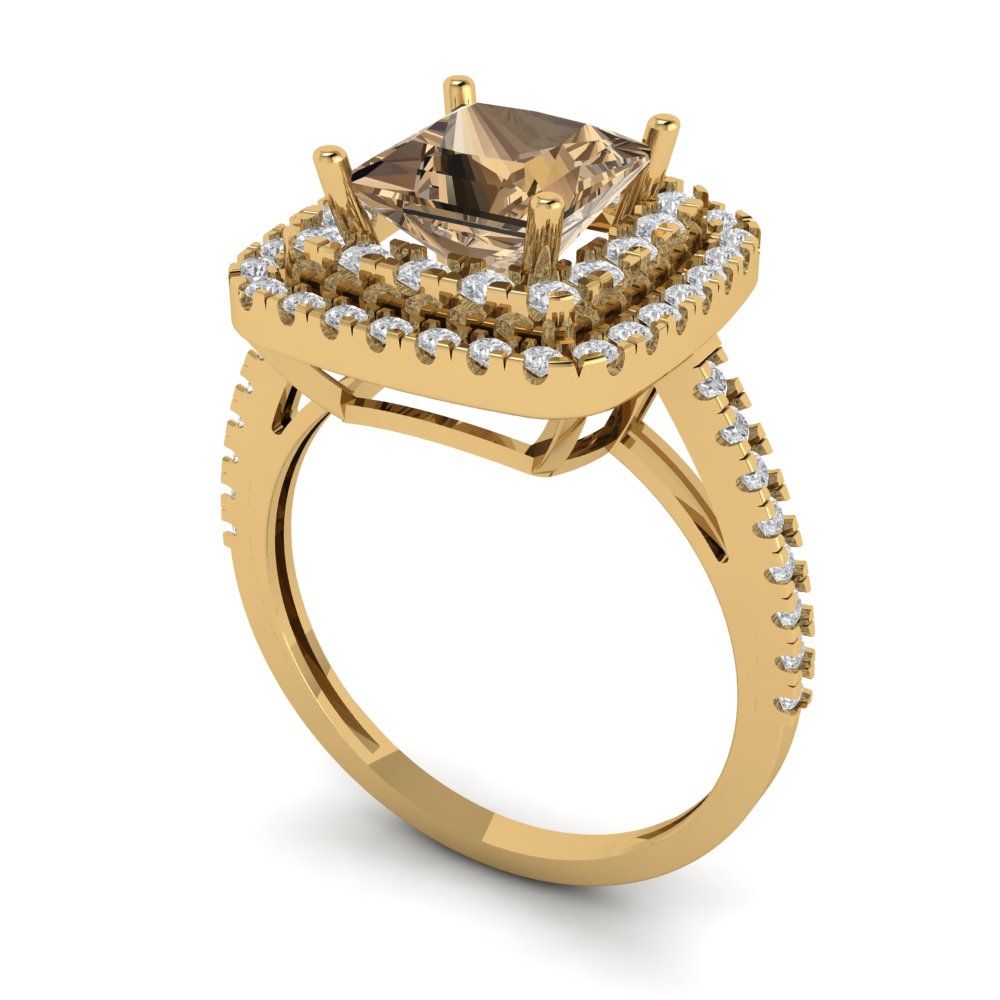 2.07 cttw Zirconia Simulated Champagne Diamond Hidden Halo Engagement Ring - Solid Yellow Gold (VVS1, Princess Cut,6.5mm)
