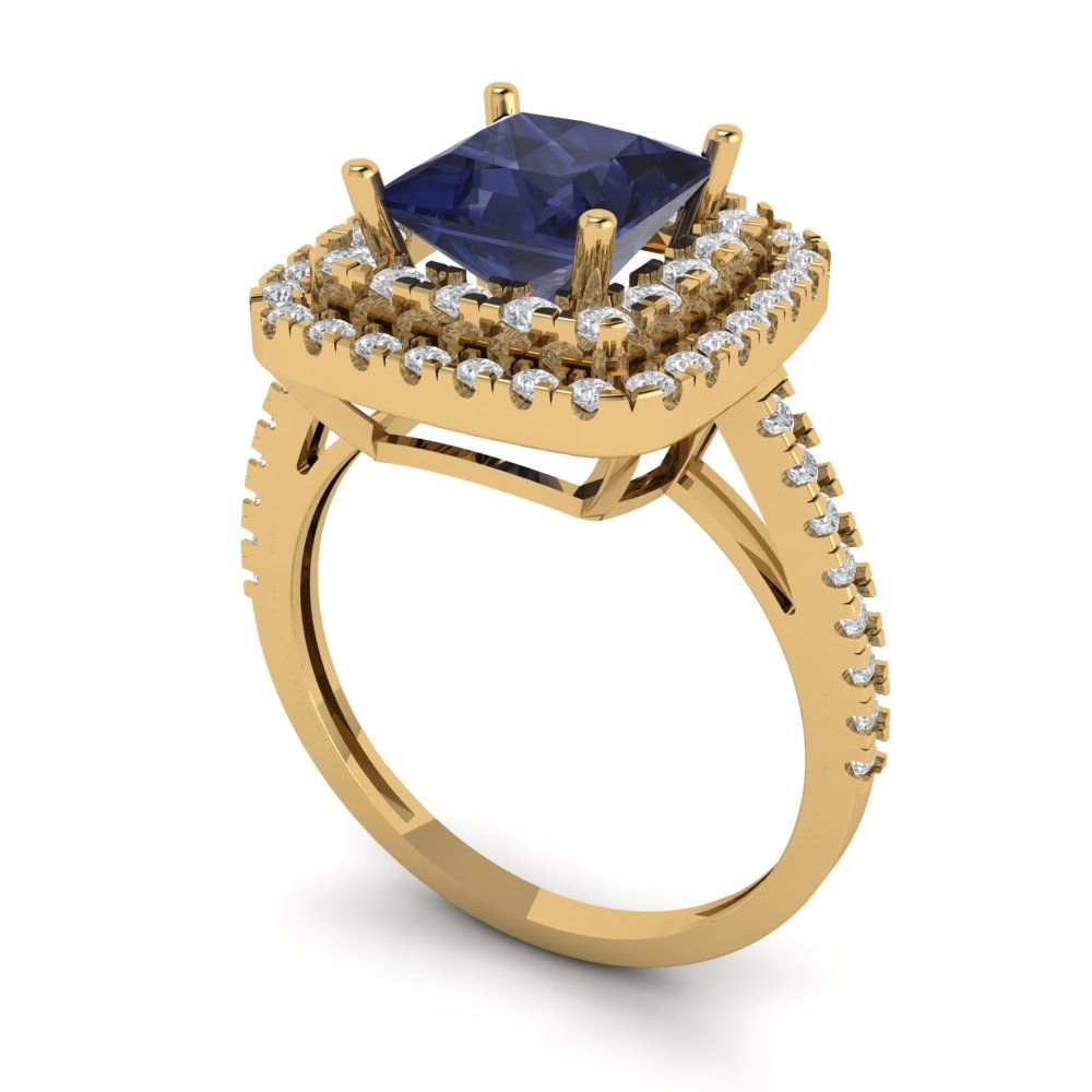2.07 cttw Simulated Blue Sapphire Hidden Halo Engagement Ring - Solid Yellow Gold (VVS1, Princess Cut,6.5mm)