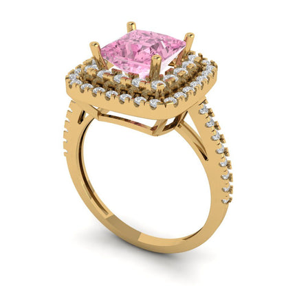 2.07 cttw Zirconia Simulated Pink Diamond Hidden Halo Engagement Ring - Solid Yellow Gold (VVS1, Princess Cut,6.5mm)