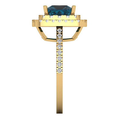 2.07 cttw Natural London Blue Topaz Hidden Halo Engagement Ring - Solid Yellow Gold (VVS1, Princess Cut,6.5mm)