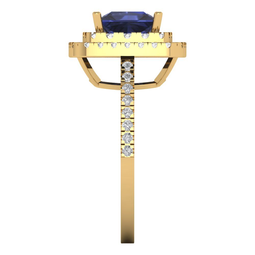 2.07 cttw Simulated Blue Sapphire Hidden Halo Engagement Ring - Solid Yellow Gold (VVS1, Princess Cut,6.5mm)