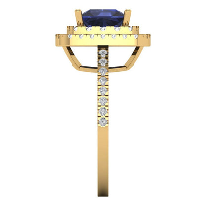 2.07 cttw Simulated Blue Sapphire Hidden Halo Engagement Ring - Solid Yellow Gold (VVS1, Princess Cut,6.5mm)