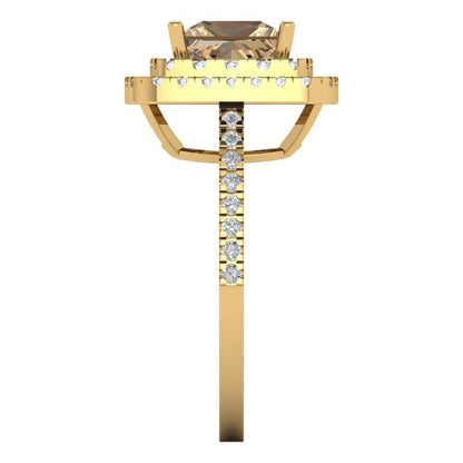 2.07 cttw Zirconia Simulated Champagne Diamond Hidden Halo Engagement Ring - Solid Yellow Gold (VVS1, Princess Cut,6.5mm)