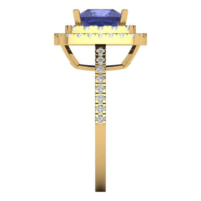 2.07 cttw Simulated Tanzanite Hidden Halo Engagement Ring - Solid Yellow Gold (VVS1, Princess Cut,6.5mm)