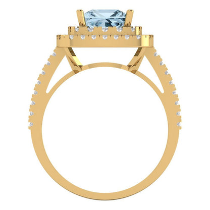 2.07 cttw Natural Aquamarine Hidden Halo Engagement Ring - Solid Yellow Gold (VVS1, Princess Cut,6.5mm)