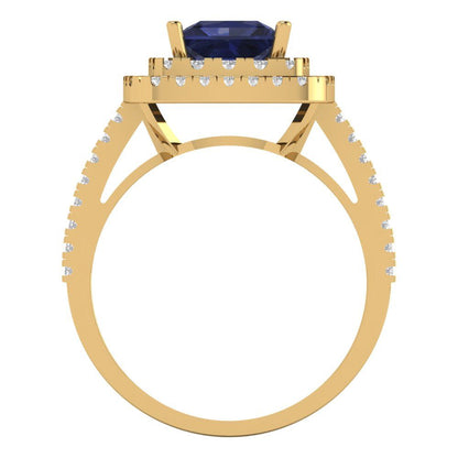 2.07 cttw Simulated Blue Sapphire Hidden Halo Engagement Ring - Solid Yellow Gold (VVS1, Princess Cut,6.5mm)