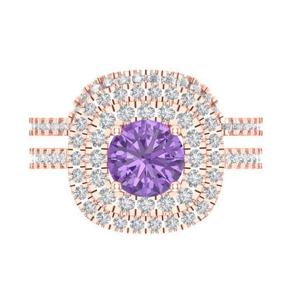 1.7825 cttw Round Cut Simulated Alexandrite Bridal Set - Solid Rose Gold Engagement Ring & Wedding Band