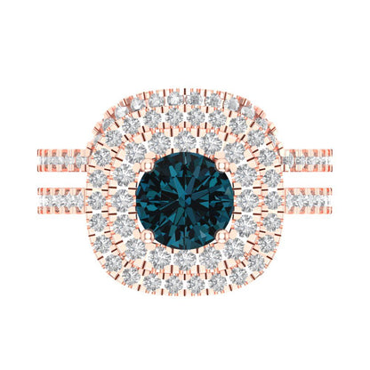 1.7825 cttw Round Cut Natural London Blue Topaz Bridal Set - Solid Rose Gold Engagement Ring & Wedding Band
