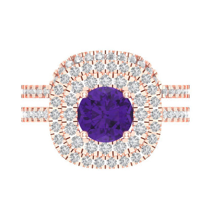1.7825 cttw Round Cut Natural Amethyst Bridal Set - Solid Rose Gold Engagement Ring & Wedding Band