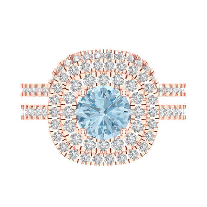 1.7825 cttw Round Cut Natural Aquamarine Bridal Set - Solid Rose Gold Engagement Ring & Wedding Band
