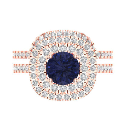 1.7825 cttw Round Cut Simulated Blue Sapphire Bridal Set - Solid Rose Gold Engagement Ring & Wedding Band