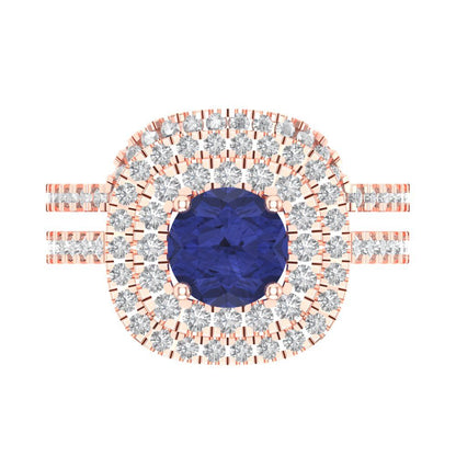 1.7825 cttw Round Cut Simulated Tanzanite Bridal Set - Solid Rose Gold Engagement Ring & Wedding Band