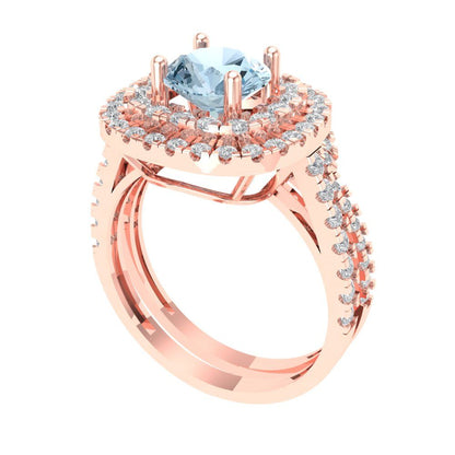 1.7825 cttw Round Cut Natural Aquamarine Bridal Set - Solid Rose Gold Engagement Ring & Wedding Band
