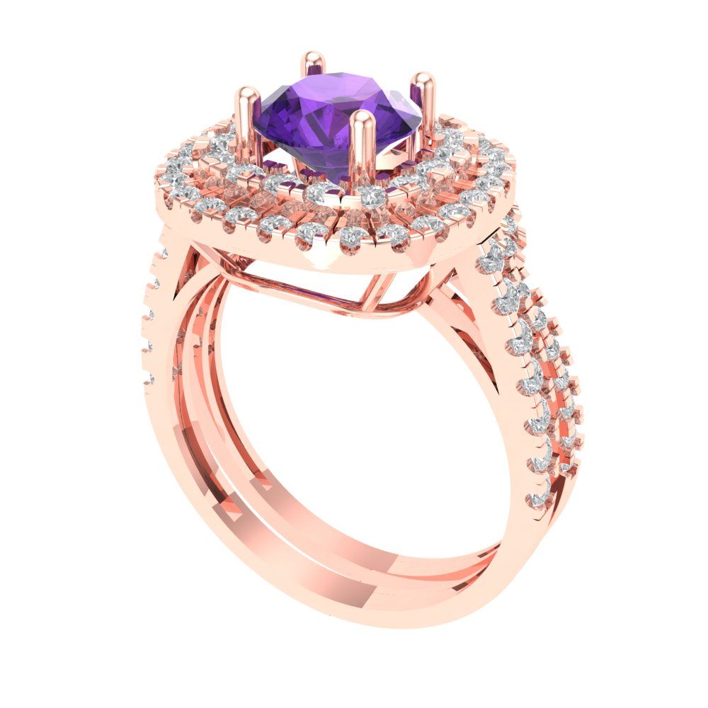 1.7825 cttw Round Cut Natural Amethyst Bridal Set - Solid Rose Gold Engagement Ring & Wedding Band