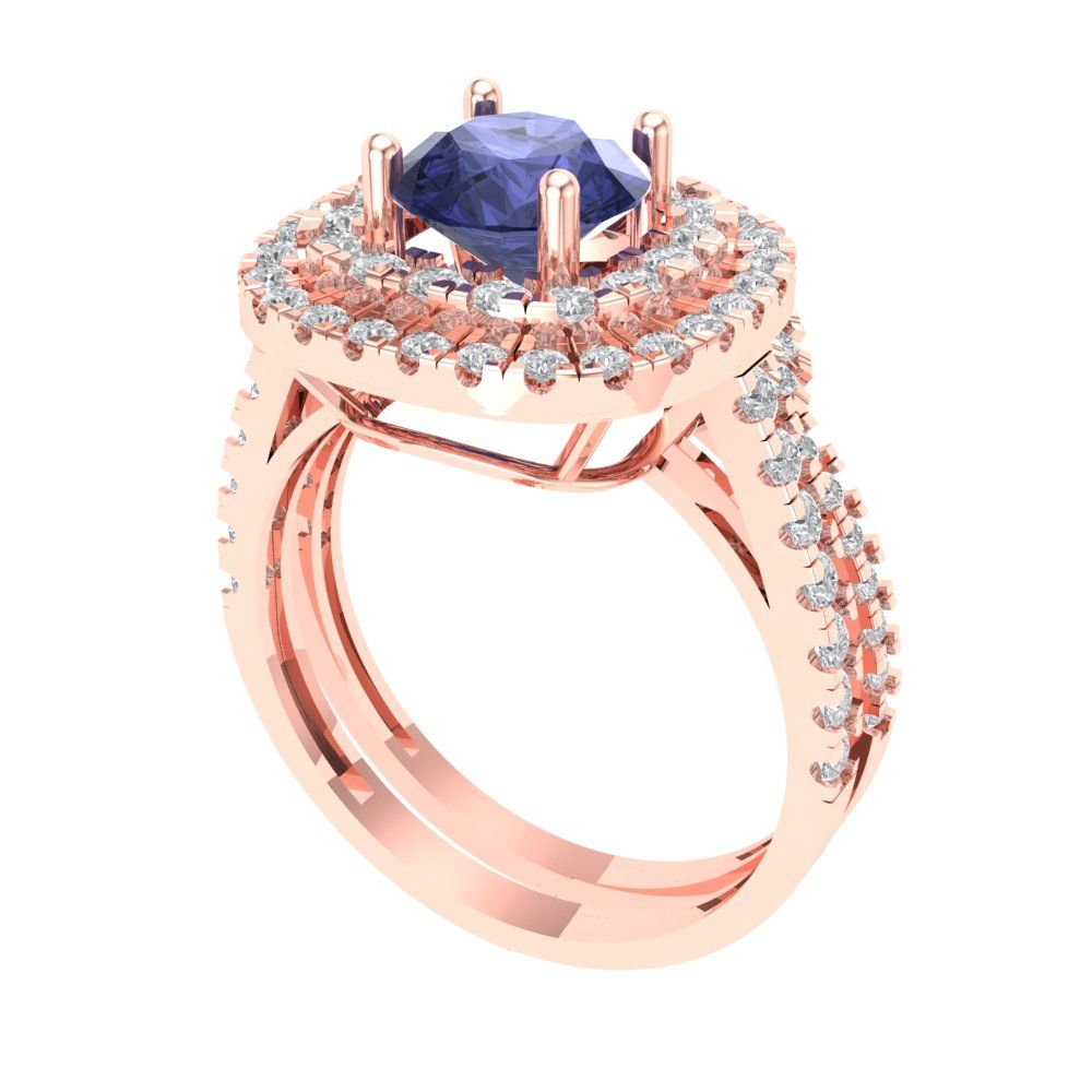 1.7825 cttw Round Cut Simulated Tanzanite Bridal Set - Solid Rose Gold Engagement Ring & Wedding Band